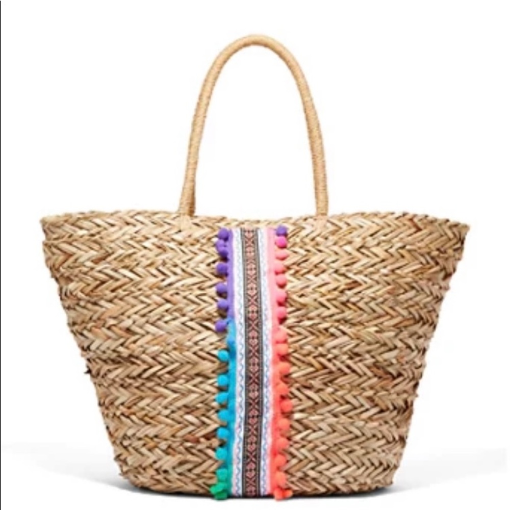 Fringe-Panel Straw Tote Bag